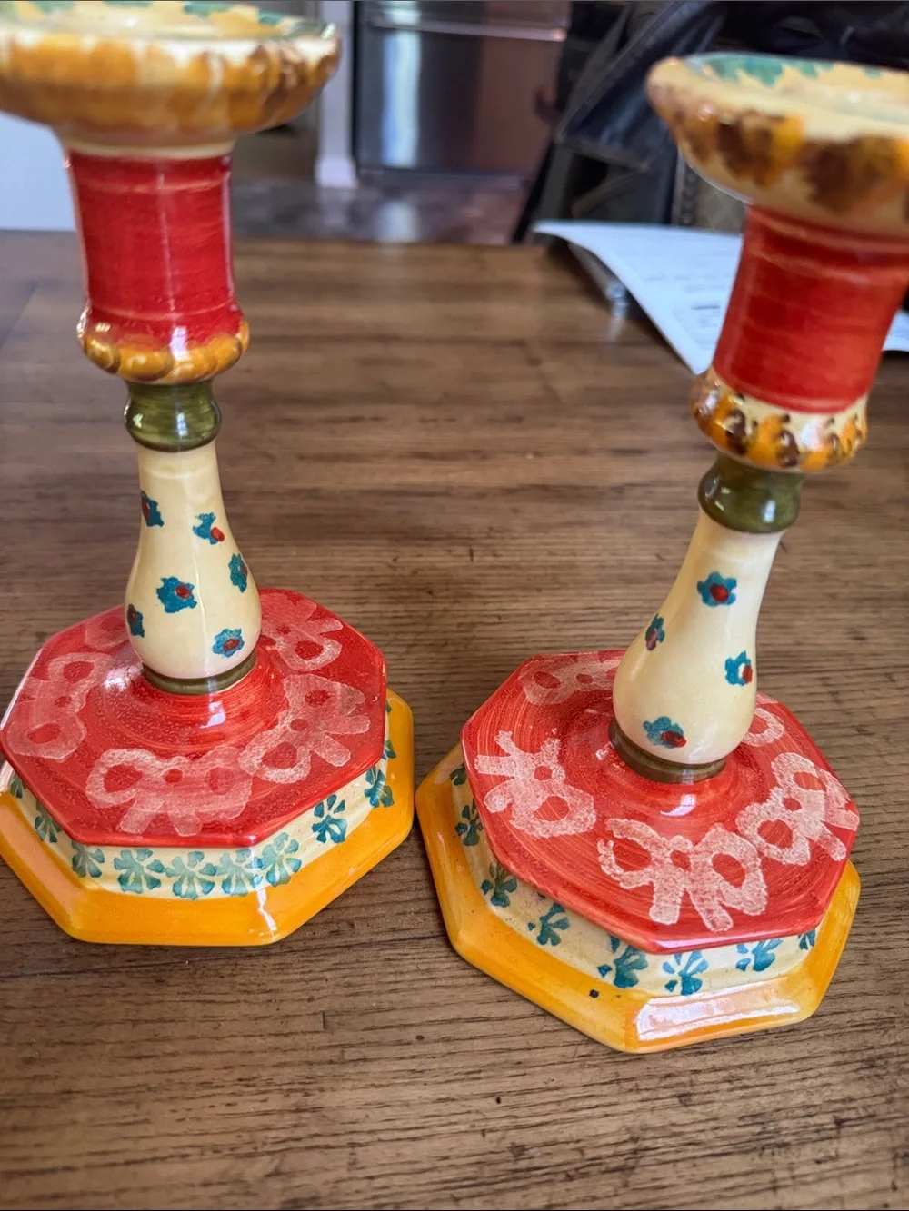 Hand-Painted Ceramic Red & Yellow Candlestick Pair Made in Italy | Southwestern